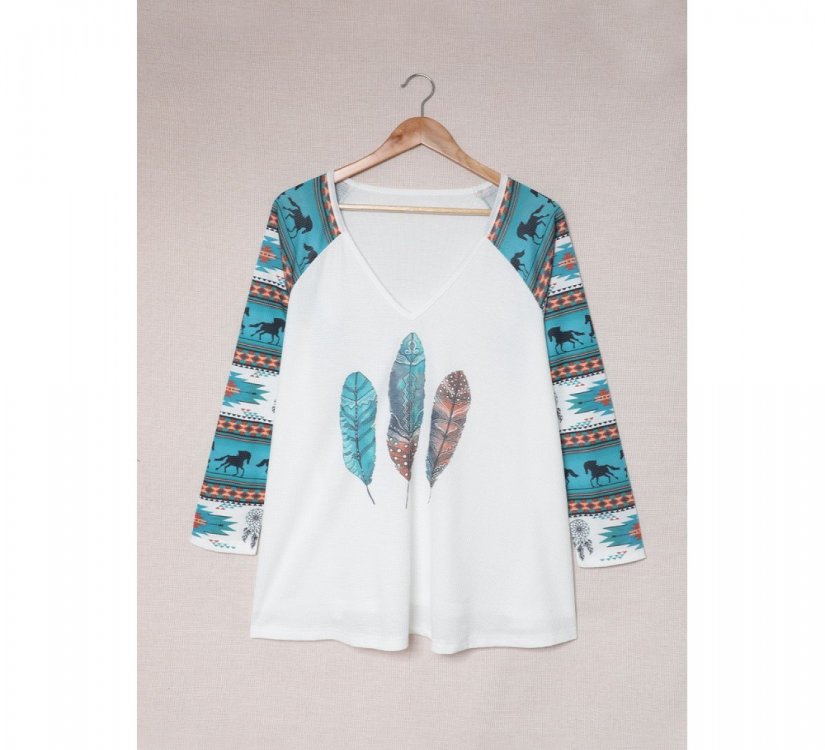 Western Aztec Geometric Feather Horse Blouse - from category Long Sleeve Tops