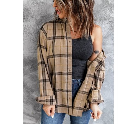 Brown Button-up Long Sleeve Plaid Shacket - from category Jackets & Coats