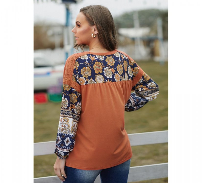 Brown Boho Floral Print Balloon Sleeve Top with Lace Details - from category Long Sleeve Tops