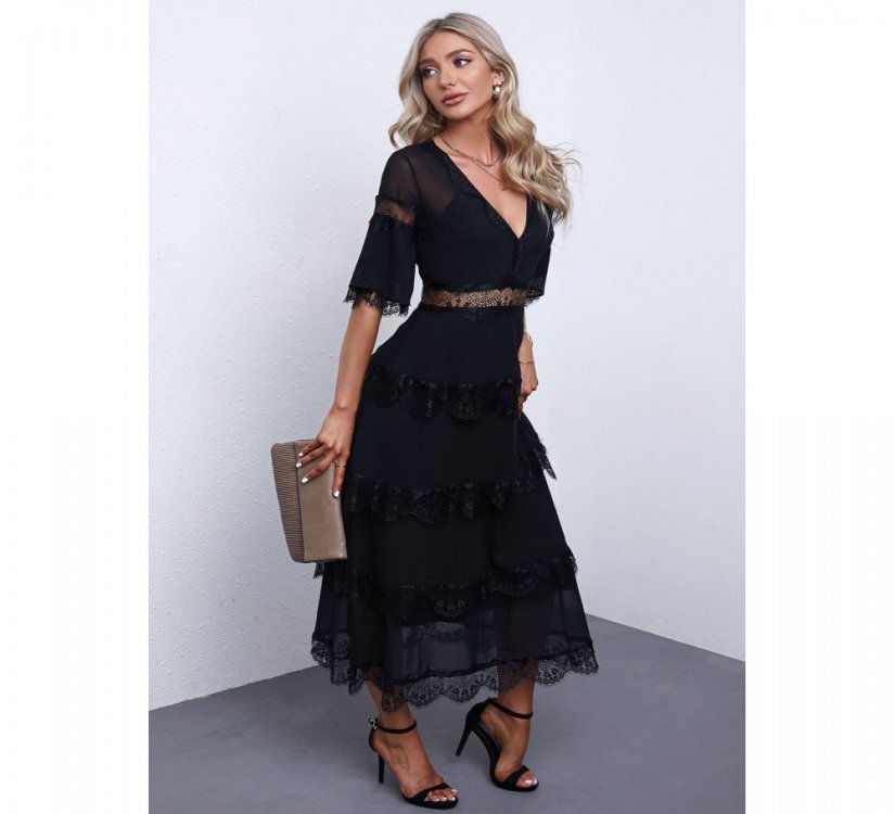 Black Swiss Dot Print See-through Lace Patch Layered Long Dress - from category Midi Dresses