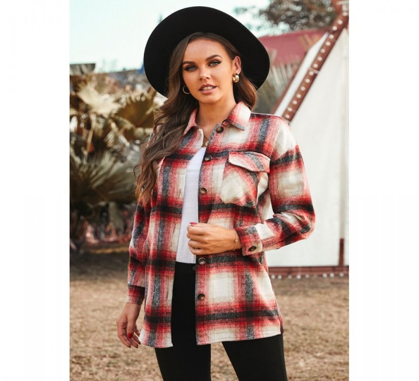 Red Turn down Neck Plaid Pocket Button Closure Coat - from category Jackets & Coats