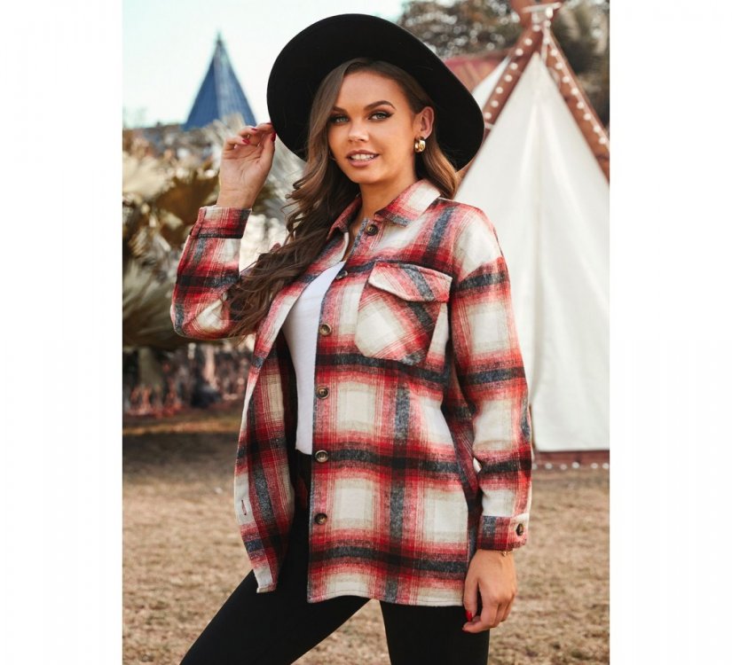 Red Turn down Neck Plaid Pocket Button Closure Coat - from category Jackets & Coats