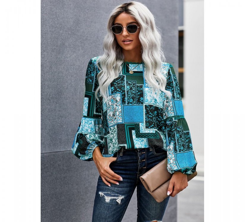 Blue Bohemian Floral Print Patchwork Top - from category Long Sleeve Tops