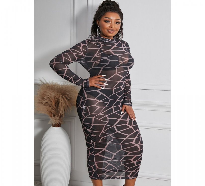 Geometric Print See-through Mesh Plus Size Midi Dress - from category Midi Dresses