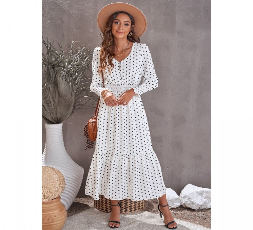 White V Neck Lantern Sleeve Elastic Waist Polka Dot Dress - from category Maxi Dresses