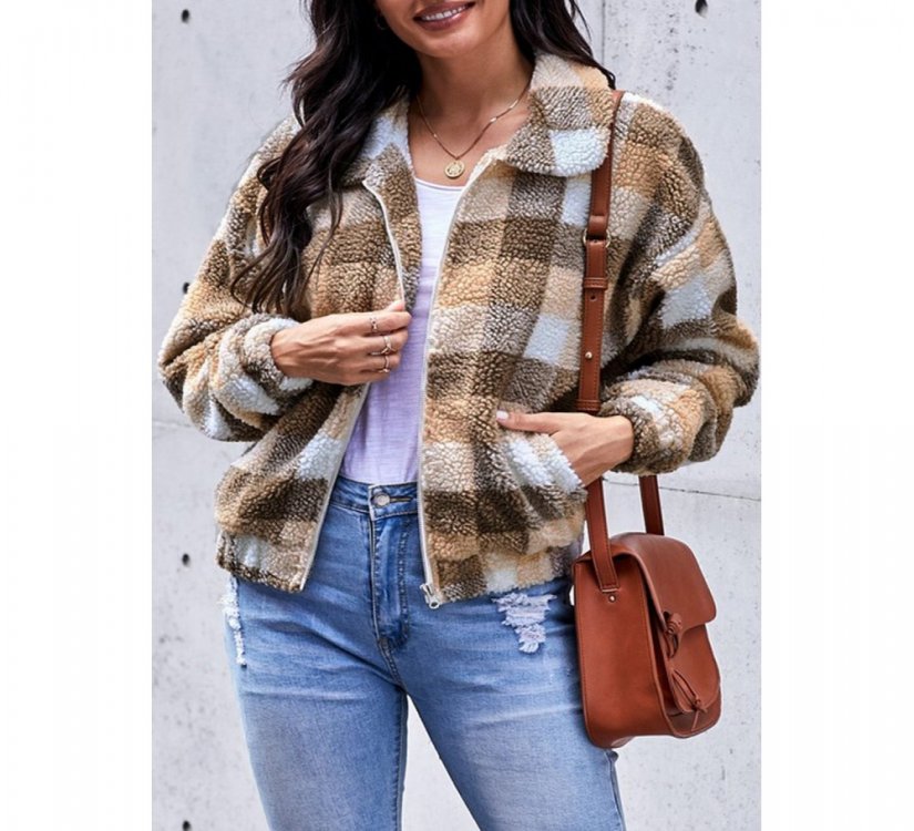 Brown Plaid Print Sherpa Jacket Coat