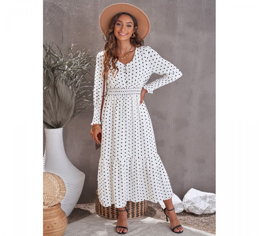 White V Neck Lantern Sleeve Elastic Waist Polka Dot Dress - from category Maxi Dresses