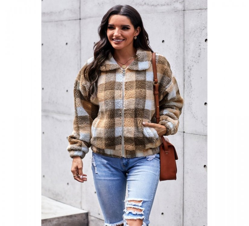 Brown Plaid Print Sherpa Jacket Coat