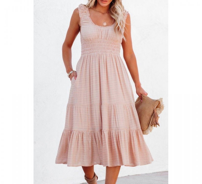 Apricot Smocked Ruched Sleeveless High Waist Midi Dress