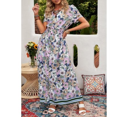 Purple Buttons Closure Floral Short Sleeves Maxi Dress - from category Maxi Dresses