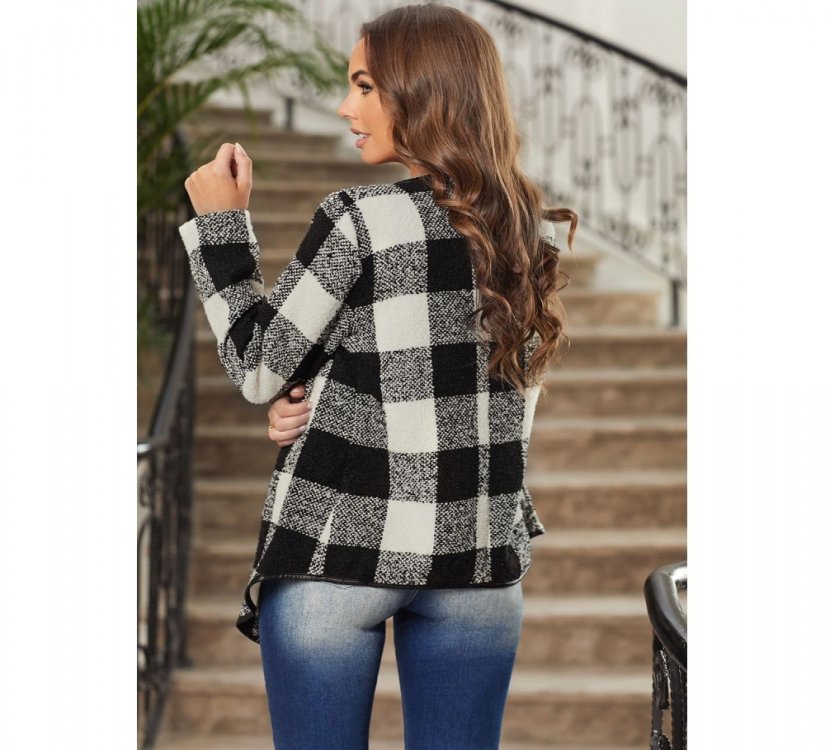 Black?Plaid Long Sleeve Asymmetric Collar Open Front Coat - from category Jackets & Coats