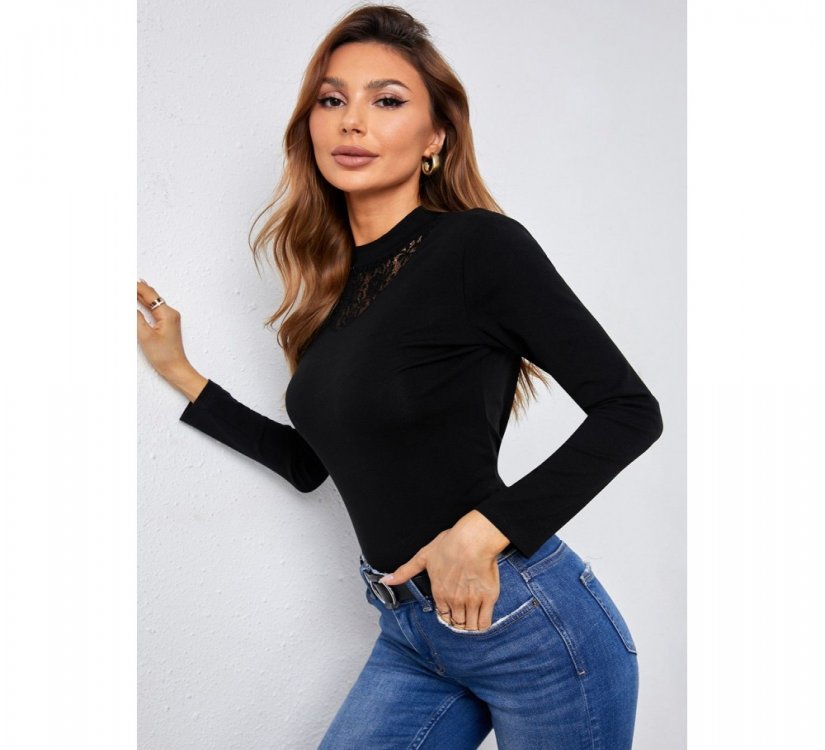 Black Mock Neck Lace Insert Slim Fit Long Sleeve Basic T Shirt - from category Long Sleeve Tops