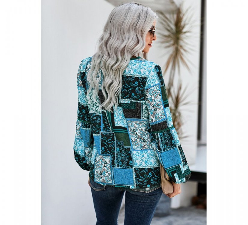 Blue Bohemian Floral Print Patchwork Top - from category Long Sleeve Tops