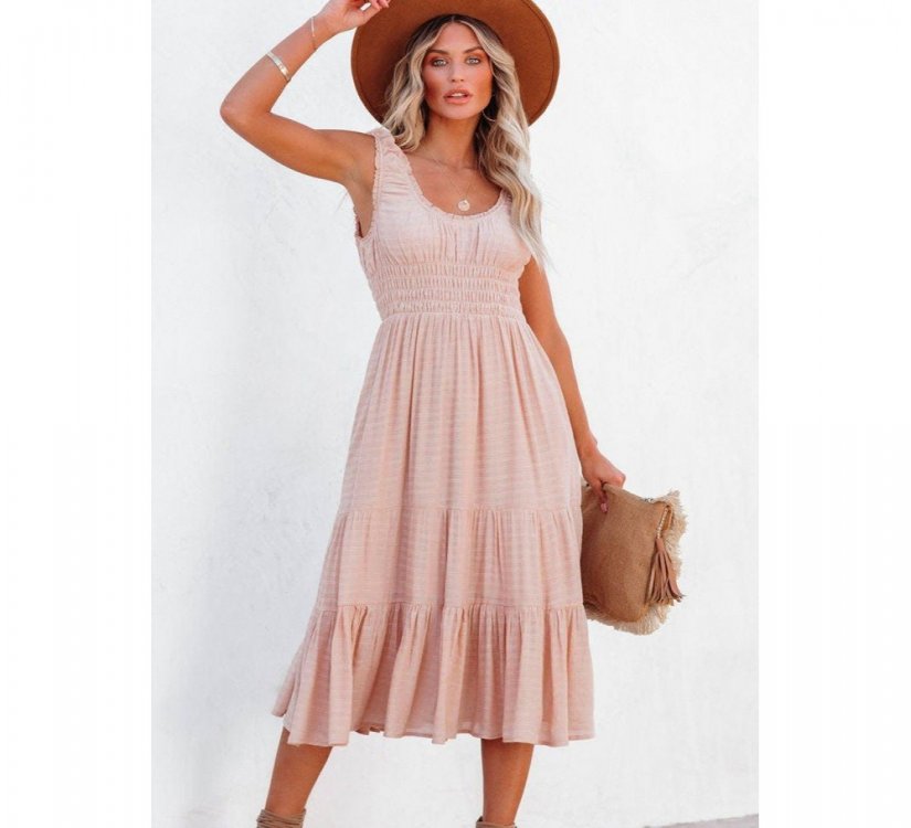 Apricot Smocked Ruched Sleeveless High Waist Midi Dress