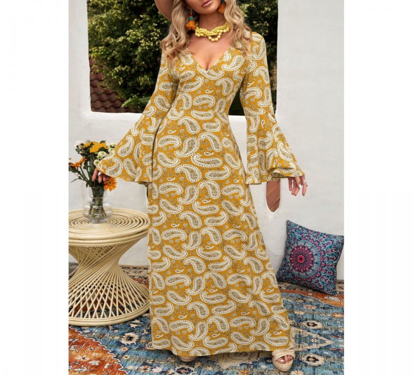 Yellow Bohemian V Neck Bell Sleeves Paisley Print Maxi Dress - from category Maxi Dresses