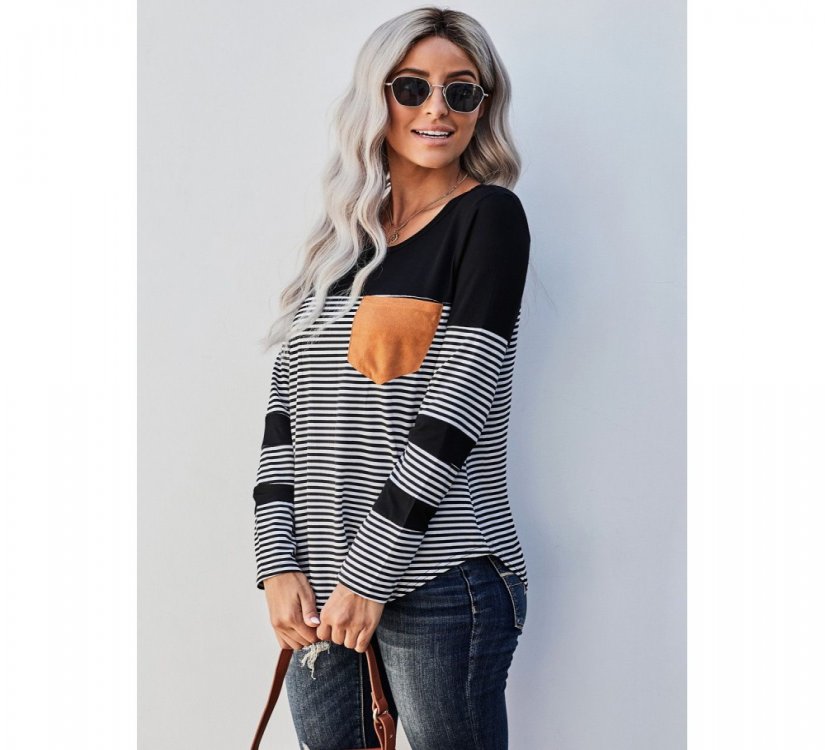 Black Pinstripe Patch Pocket Top - from category Long Sleeve Tops