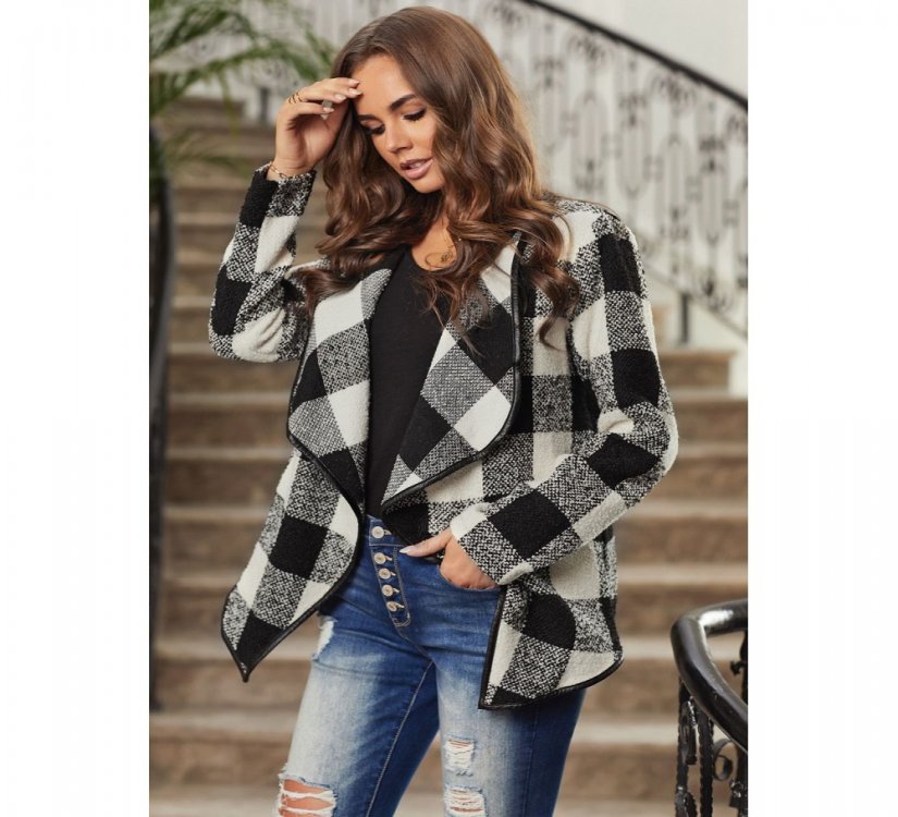 Black?Plaid Long Sleeve Asymmetric Collar Open Front Coat - from category Jackets & Coats