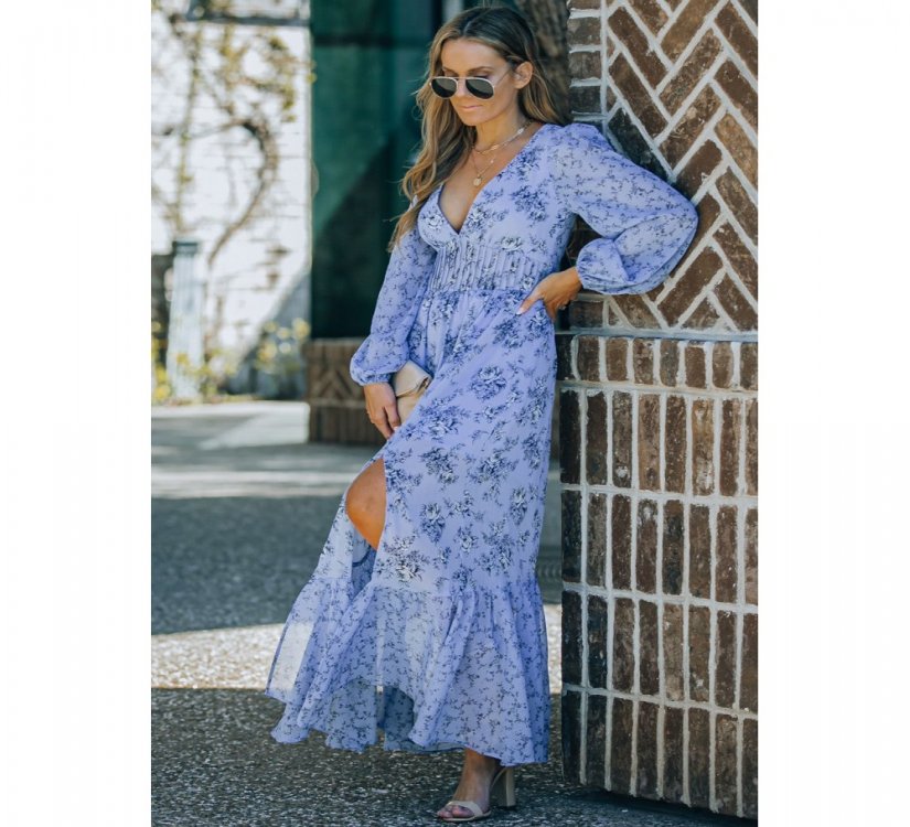 Sky Blue Floral Print Bubble Sleeves Hollow-out Back Maxi Dress - from category Maxi Dresses