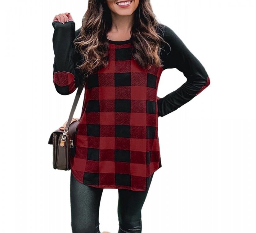 Red Plaid Long Sleeve Top with Elbow Patch - from category Long Sleeve Tops