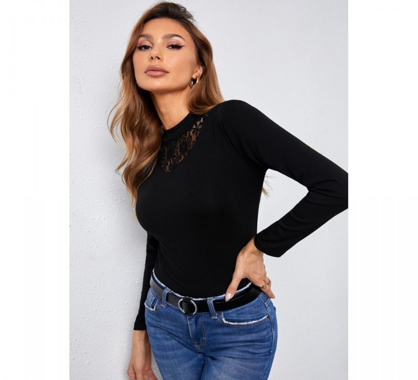 Black Mock Neck Lace Insert Slim Fit Long Sleeve Basic T Shirt - from category Long Sleeve Tops