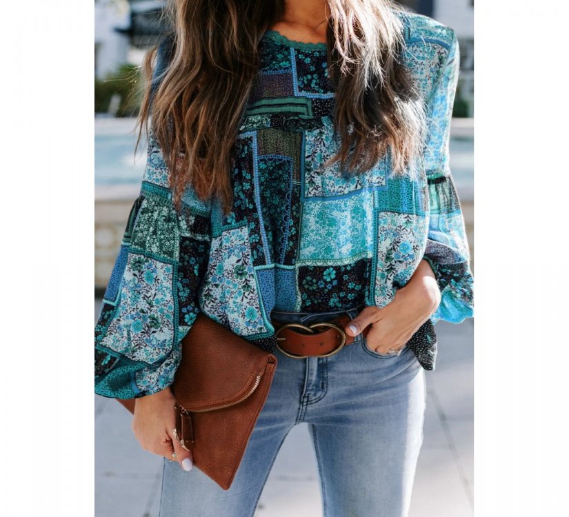 Blue Bohemian Floral Print Patchwork Top - from category Long Sleeve Tops