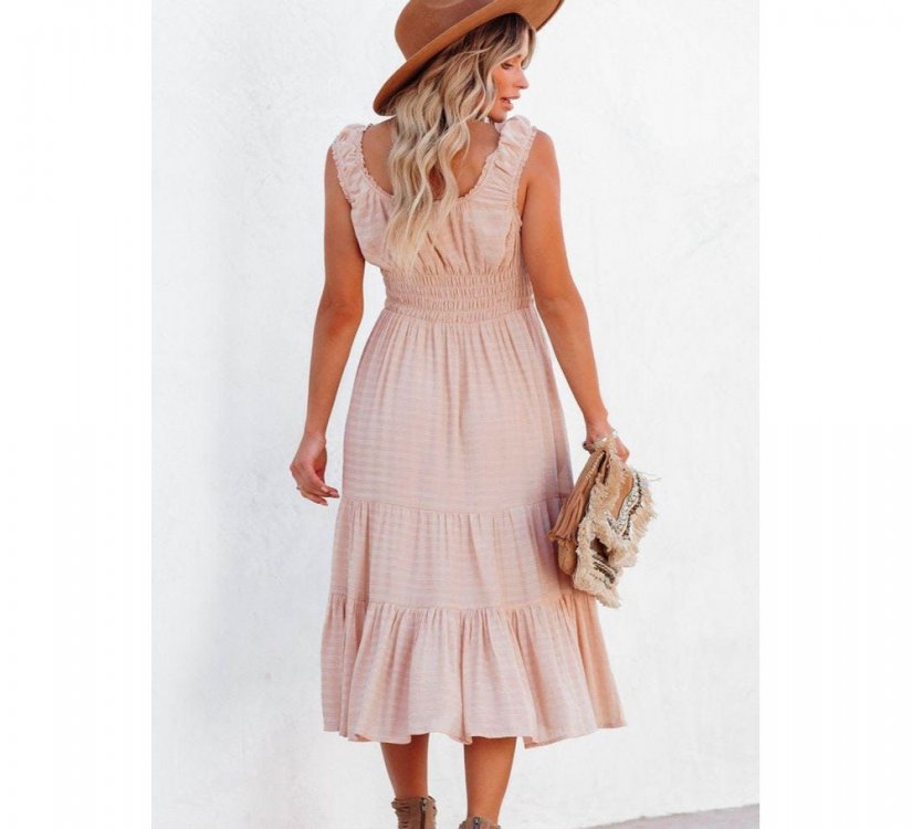 Apricot Smocked Ruched Sleeveless High Waist Midi Dress