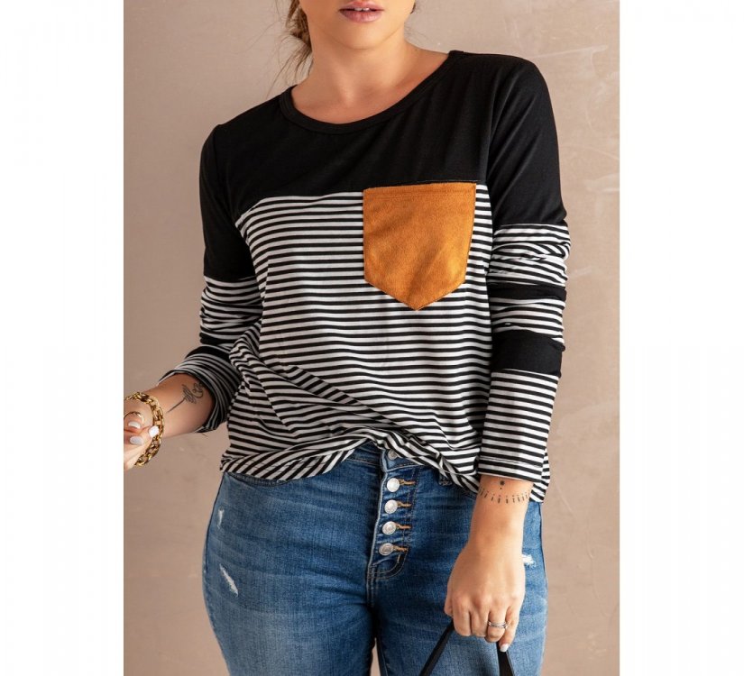 Black Pinstripe Patch Pocket Top - from category Long Sleeve Tops