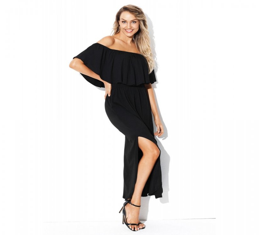 Black Flounce Off Shoulder Maxi Jersey Dress