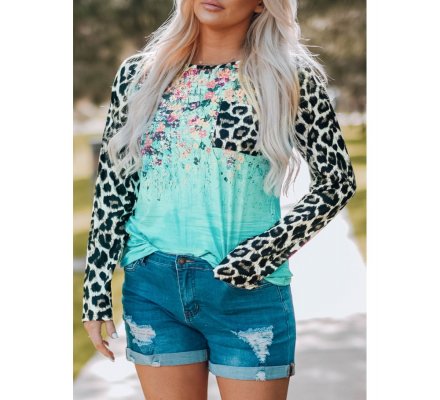 Leopard Tie-dye Splicing Long Sleeve Top - from category Long Sleeve Tops