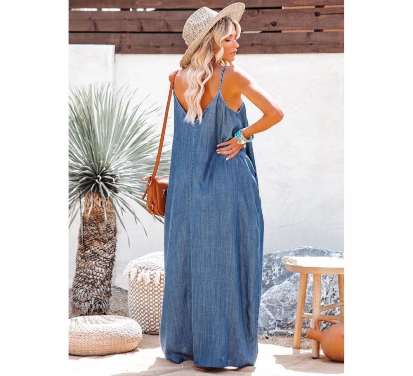 Blue Spaghetti Straps Denim Maxi Dress