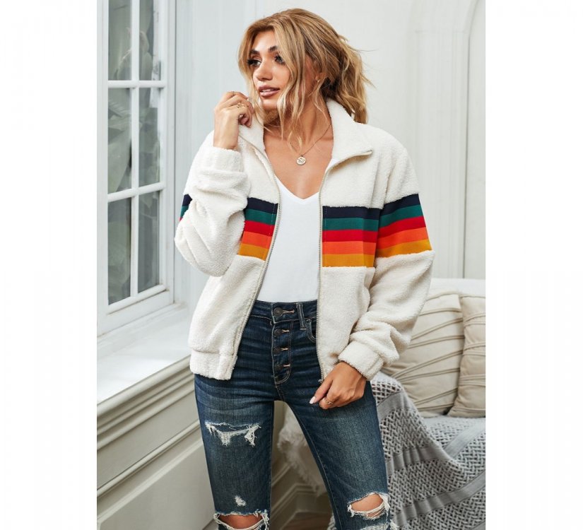 Rainbow Stripes White Sherpa Jacket Coat