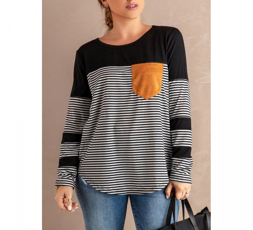 Black Pinstripe Patch Pocket Top - from category Long Sleeve Tops