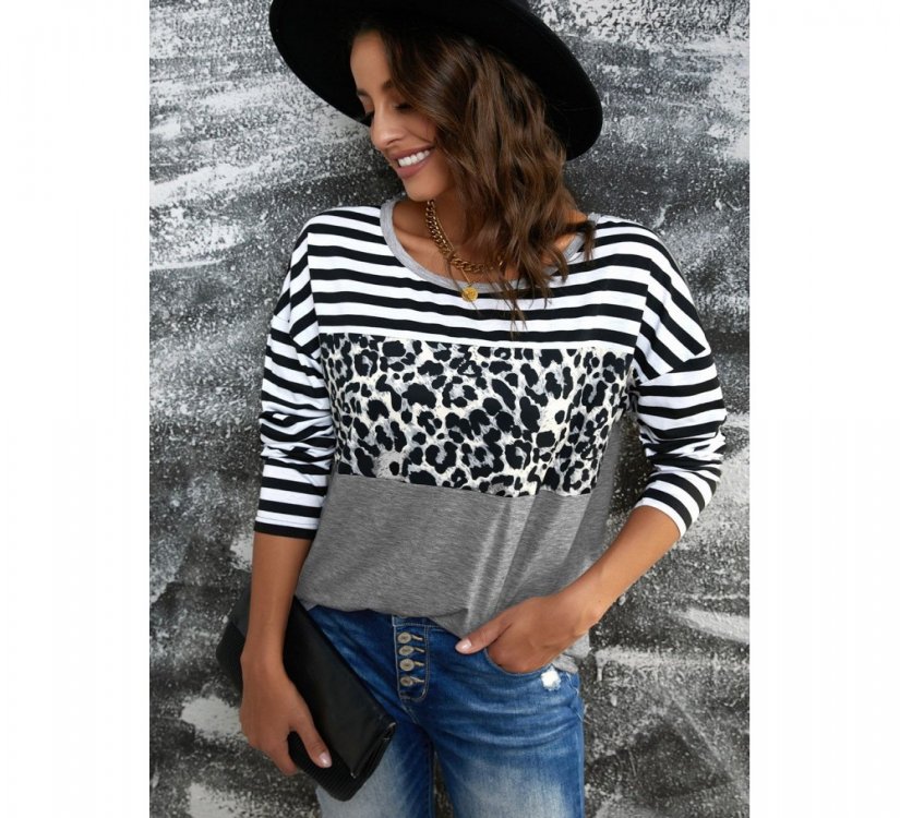 Striped Leopard Block Splicing Long Sleeve Top - from category Long Sleeve Tops