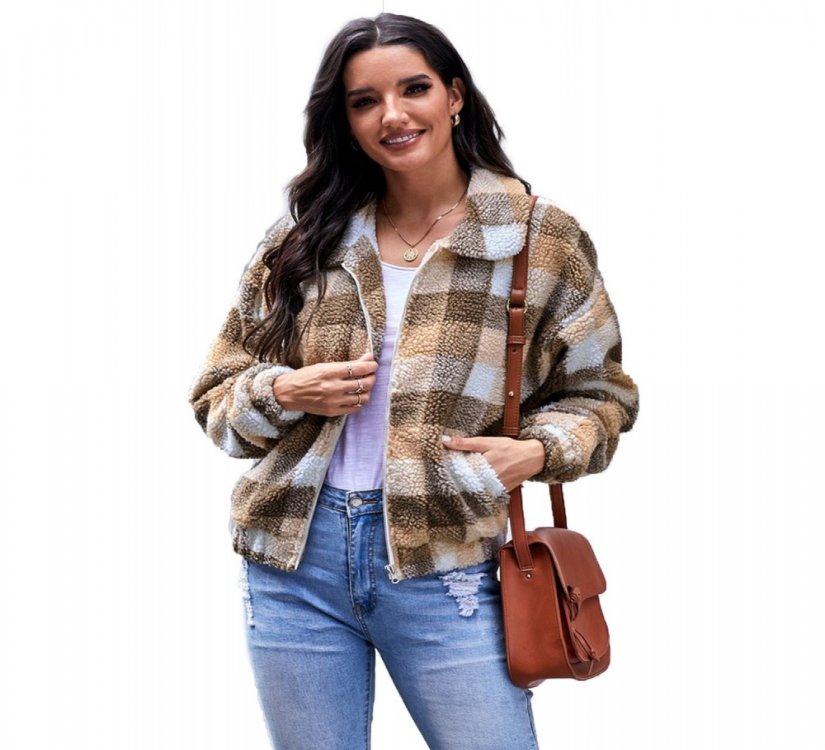 Brown Plaid Print Sherpa Jacket Coat