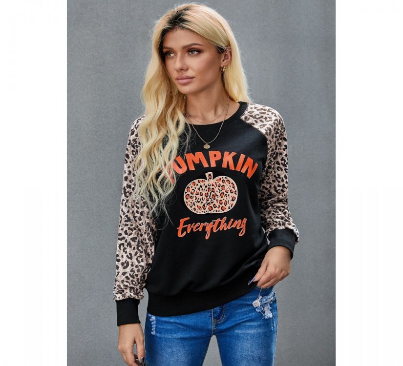 Halloween Leopard Pumpkin Print Long Sleeve Crew Neck Top - from category Long Sleeve Tops