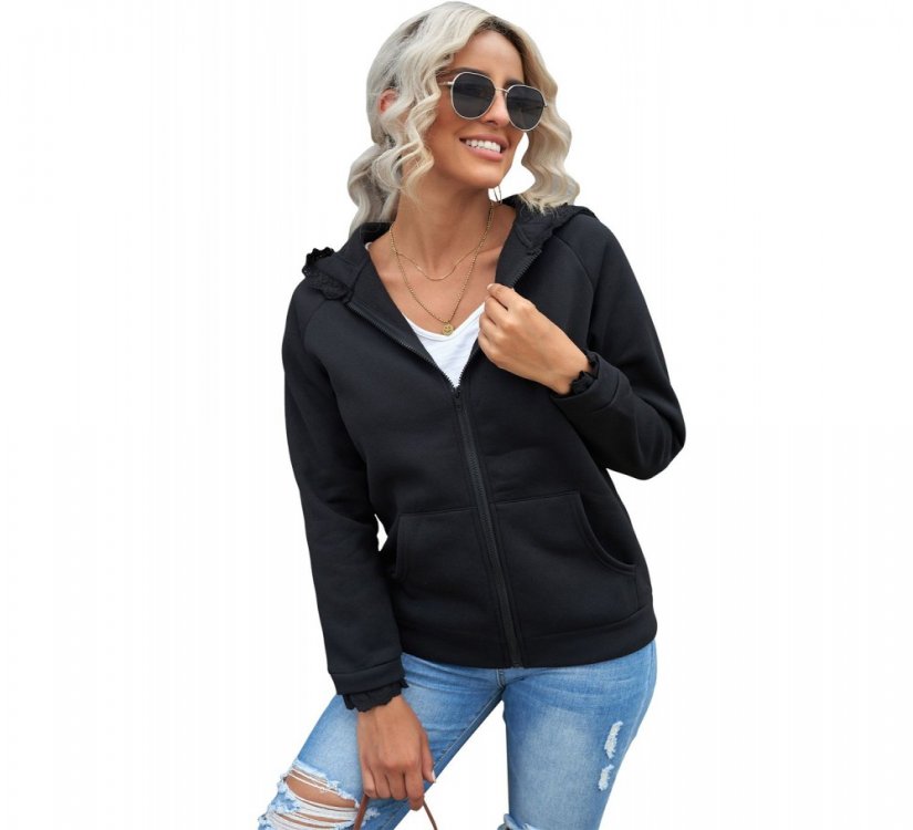 Black Zip-up Lace Trim Hooded Coat - from category Jackets & Coats