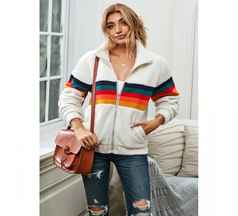 Rainbow Stripes White Sherpa Jacket Coat