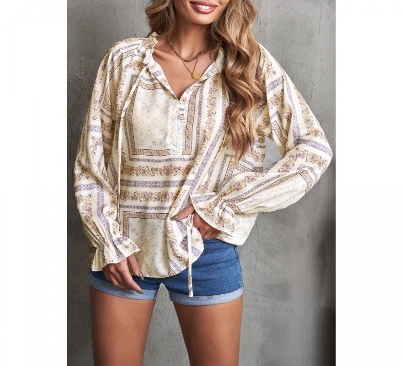 Beige V Neck Lantern Sleeve Drawstring Tribal Print Top - from category Long Sleeve Tops