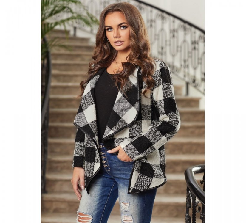 Black?Plaid Long Sleeve Asymmetric Collar Open Front Coat - from category Jackets & Coats