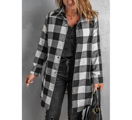 Black Turn-down Collar Plaid Shirt Coat - from category Jackets & Coats