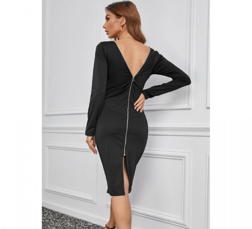 Black Long Sleeve Zip Open Back Pencil Bodycon Midi Dress