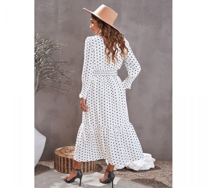 White V Neck Lantern Sleeve Elastic Waist Polka Dot Dress - from category Maxi Dresses