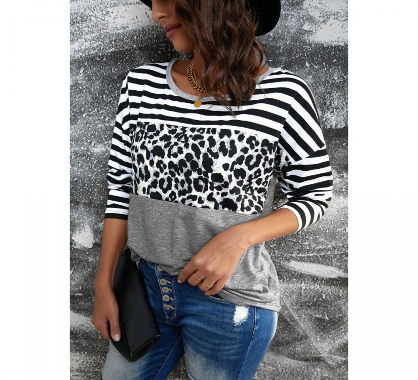 Striped Leopard Block Splicing Long Sleeve Top - from category Long Sleeve Tops