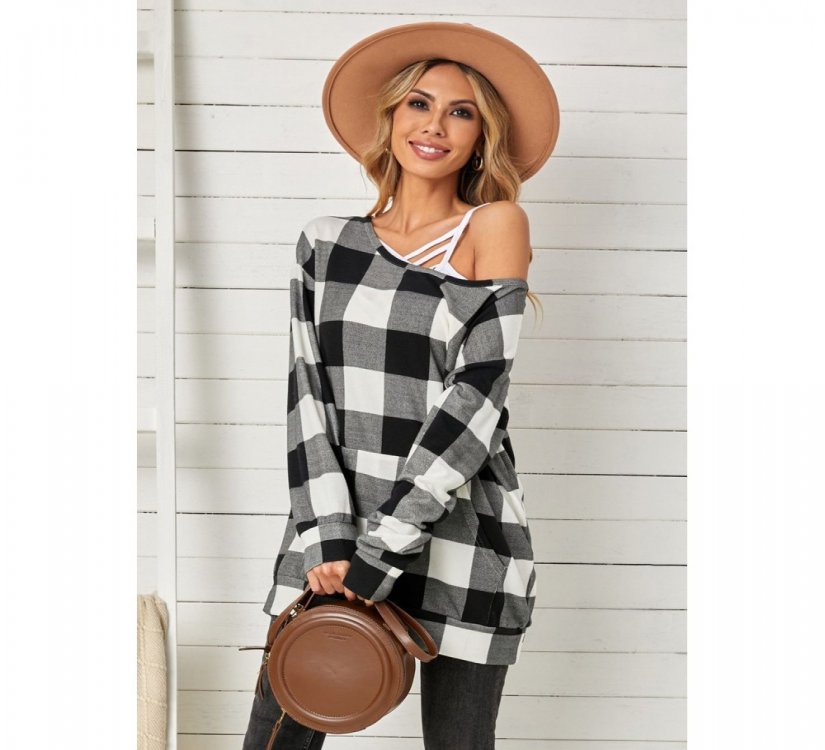 Plaid Kangaroo Pocket Long Sleeve Blouse - from category Long Sleeve Tops