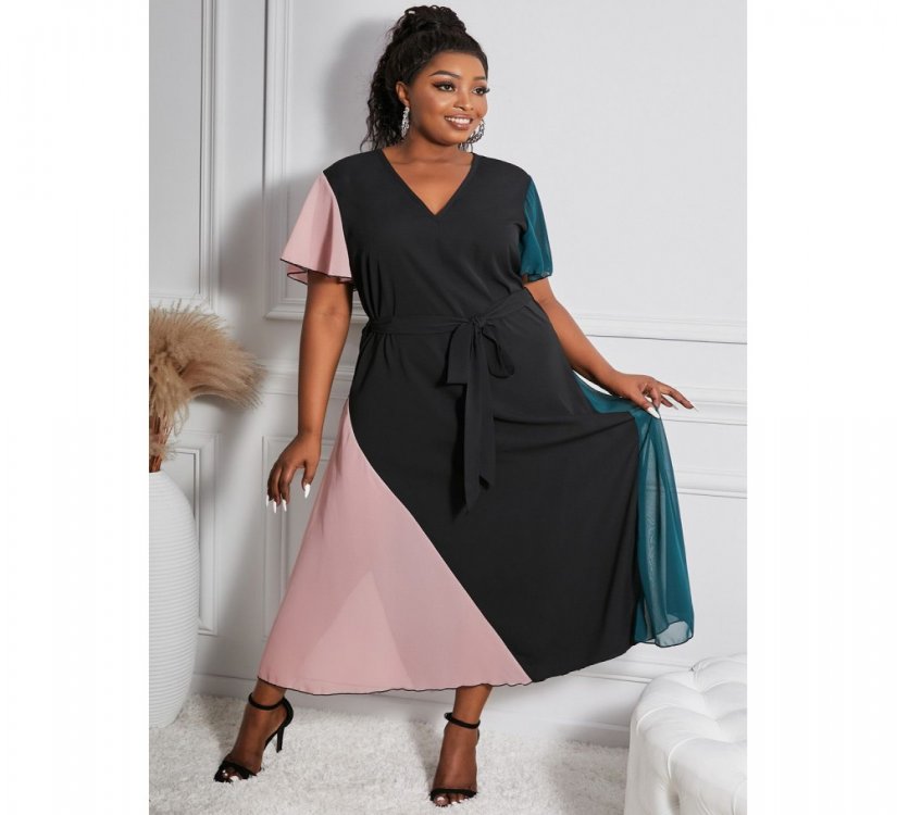 Color Block Lace-up V Neck Plus Size Maxi Dress - from category Maxi Dresses