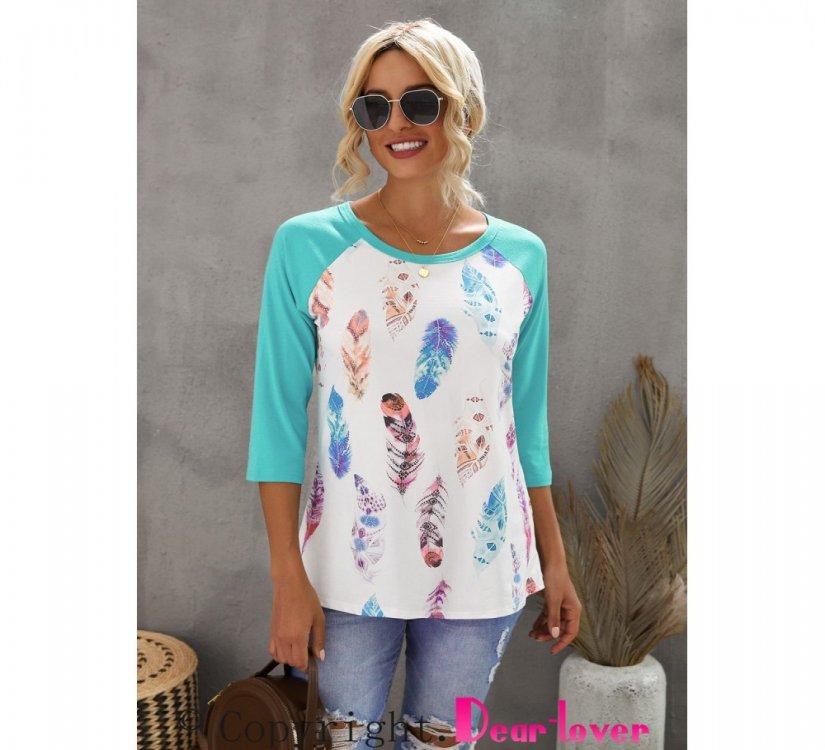 Green Feather Print 3/4 Raglan Sleeve Top