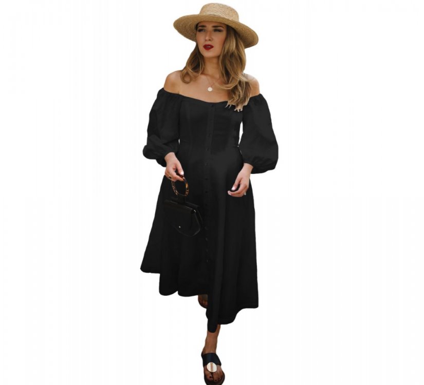 Black Off Shoulder Puff Sleeve Button Front Vintage Dress - from category Maxi Dresses