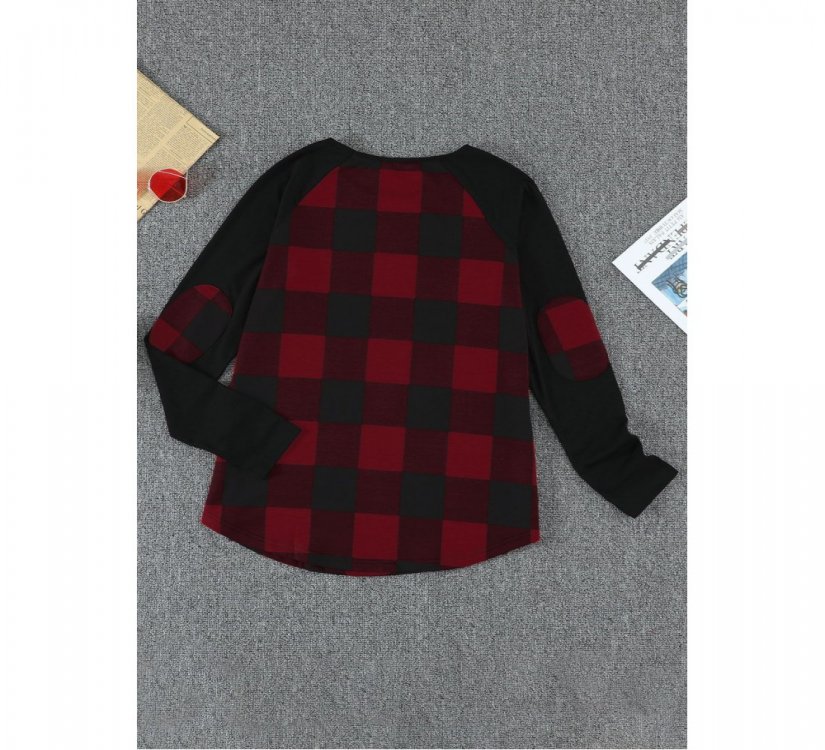 Red Plaid Long Sleeve Top with Elbow Patch - from category Long Sleeve Tops