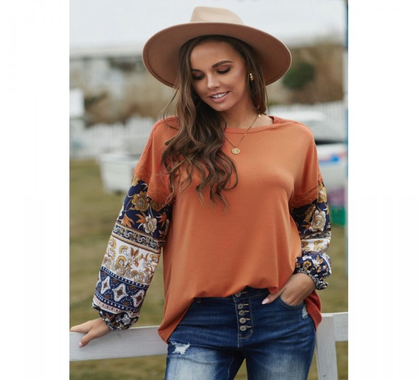 Brown Boho Floral Print Balloon Sleeve Top with Lace Details - from category Long Sleeve Tops